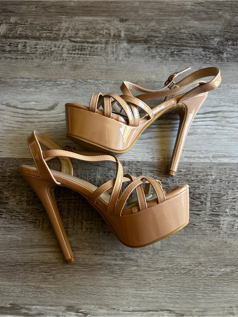 Nude Patent Platform Slingback Heels